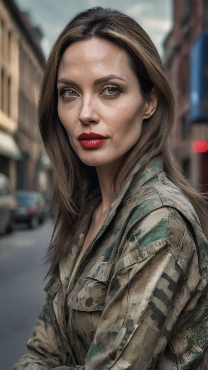 Prompt: Angelina Jolie captured in ultra detailed full body photo, seamlessly blended into a dense cityscape backdrop, wearing intricately designed camouflage attire, with attention paid to the ultra clear detailing of her outfit and facial features, including the precise application of red lipstick on her voluminous lips, vivid colors, HDR, cinematic