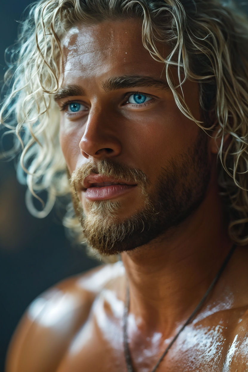 muscular man blond hair curly with grey eyes and tattoos