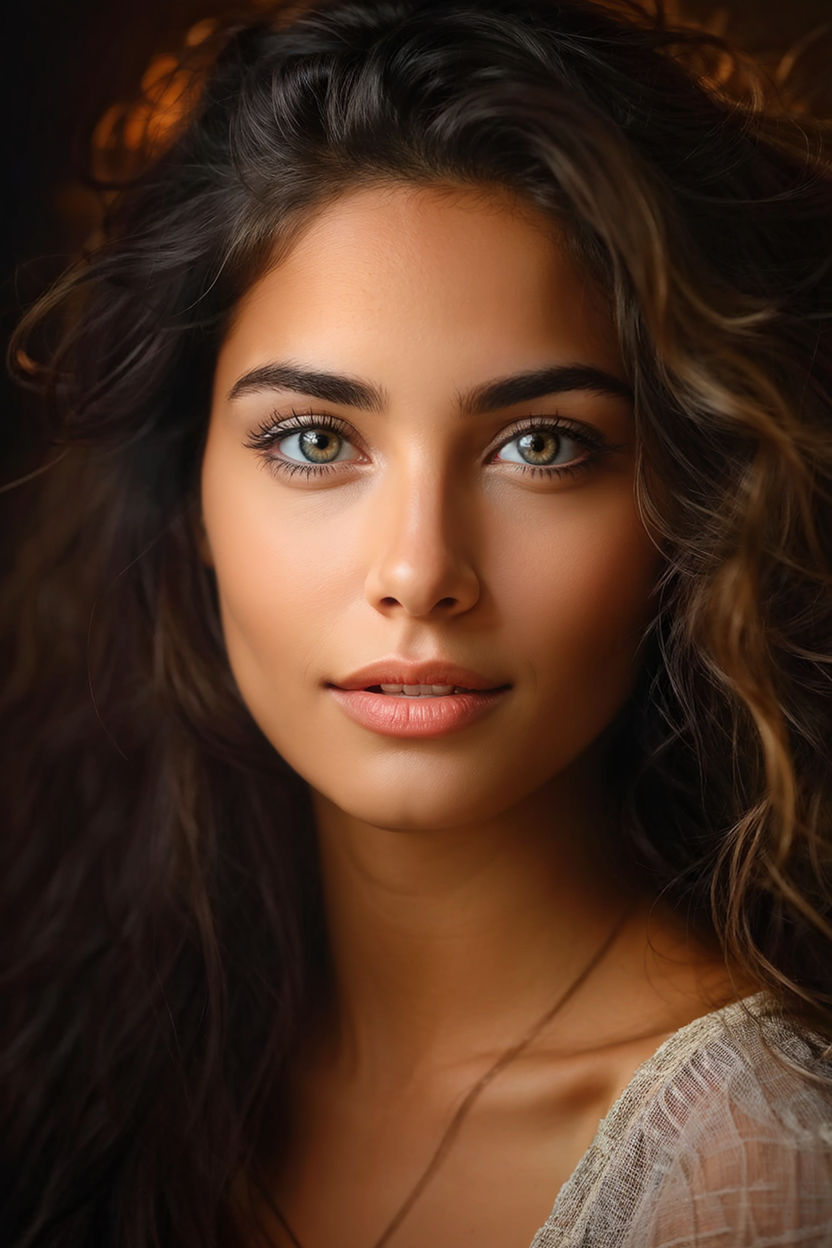 large and almond eyes. Eyes and pupils should be symmetrical. Light brunette  eyebrows. Tiny nose. Full nude lips. Pink and white vibrant skin color.  Flawless beauty. The hair is long