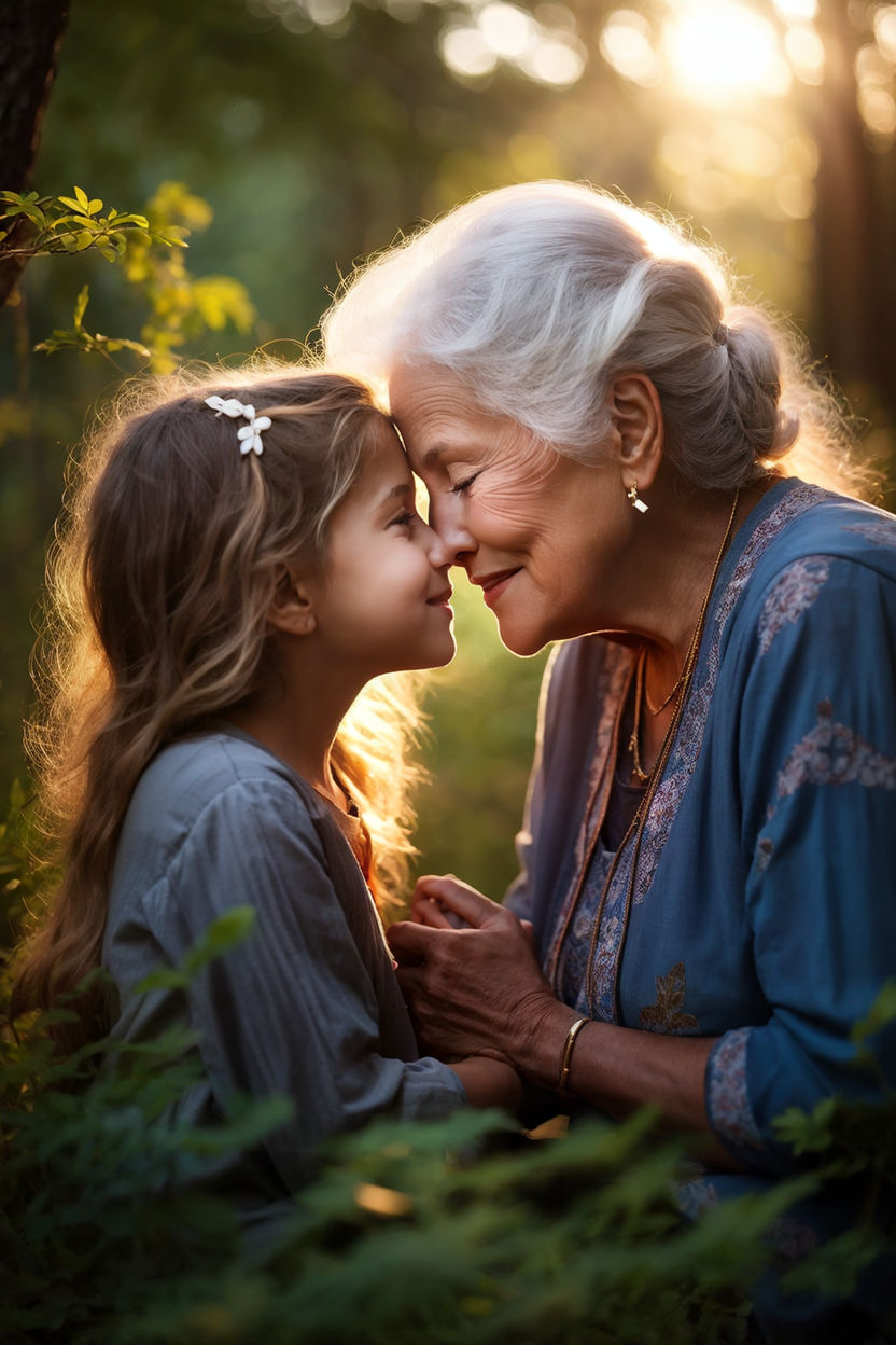 Older woman kissing gorgeous young girl