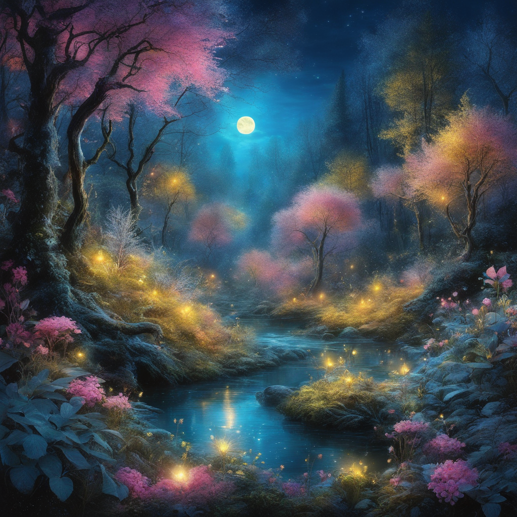 hyper fantasy painting of a mysterious forest with glowing flowers