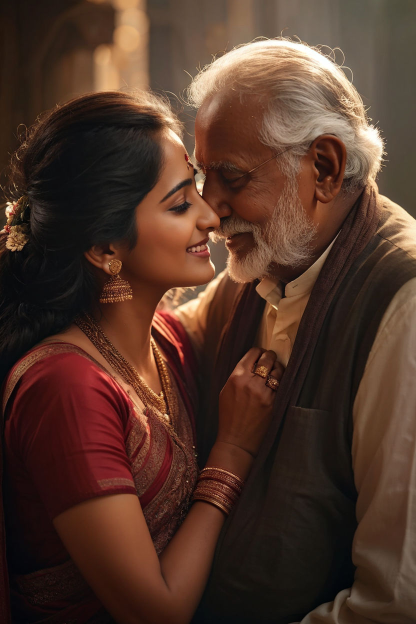 indian young actress kissing ugly elderly man Couple Standing in front of  camera Biting lips Big boobs In front of people