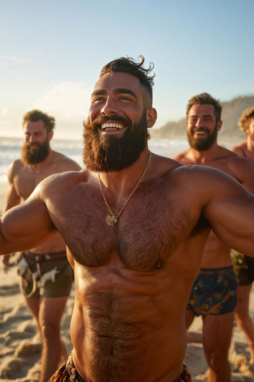 muscular guys on the beach looks happy