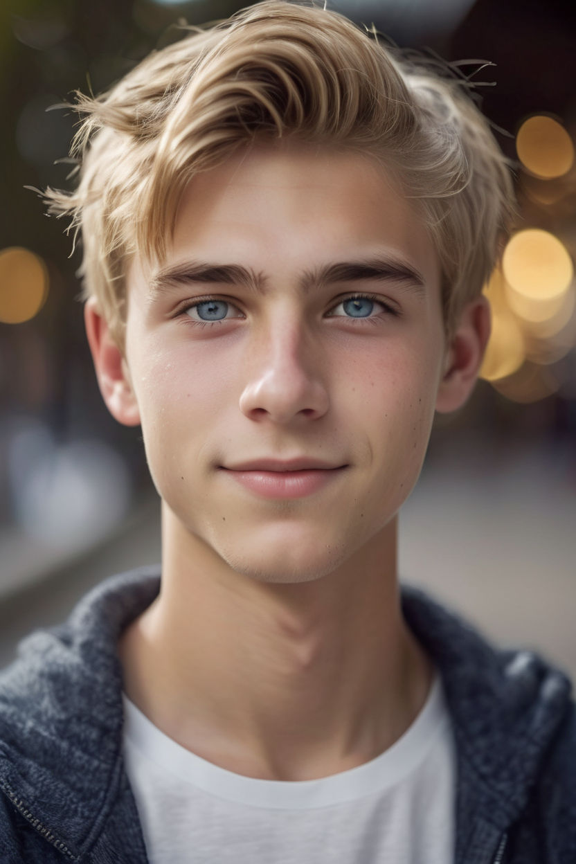 teen boy with short blond hair and blue eyes