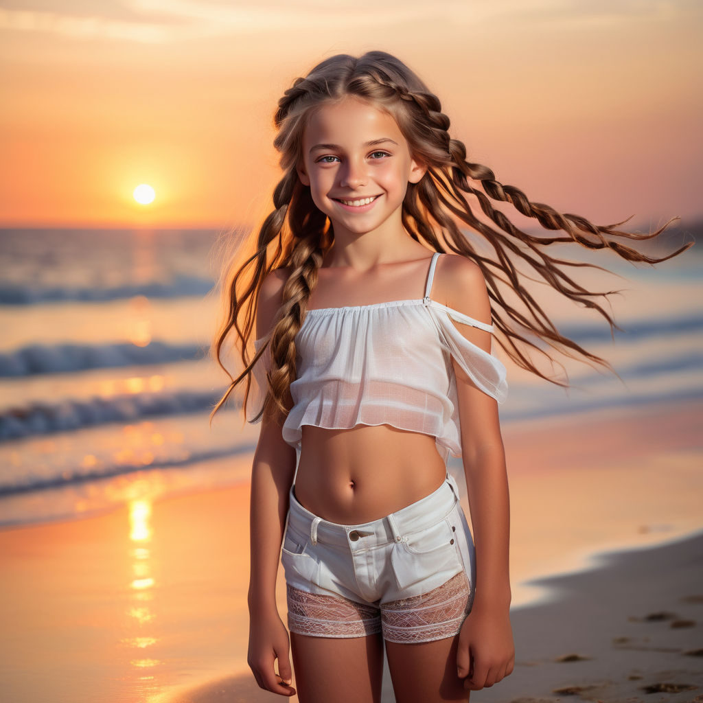 10 years old beautiful cute girl in full body portrait photoshoot in front  of school in revealing bandeau with high detailed chest