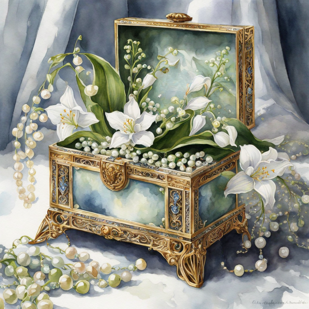 Prompt: fantasy watercolor, white background,  Victorian Vintage elegant luxurious jewelry box, pearls, lily of the valley