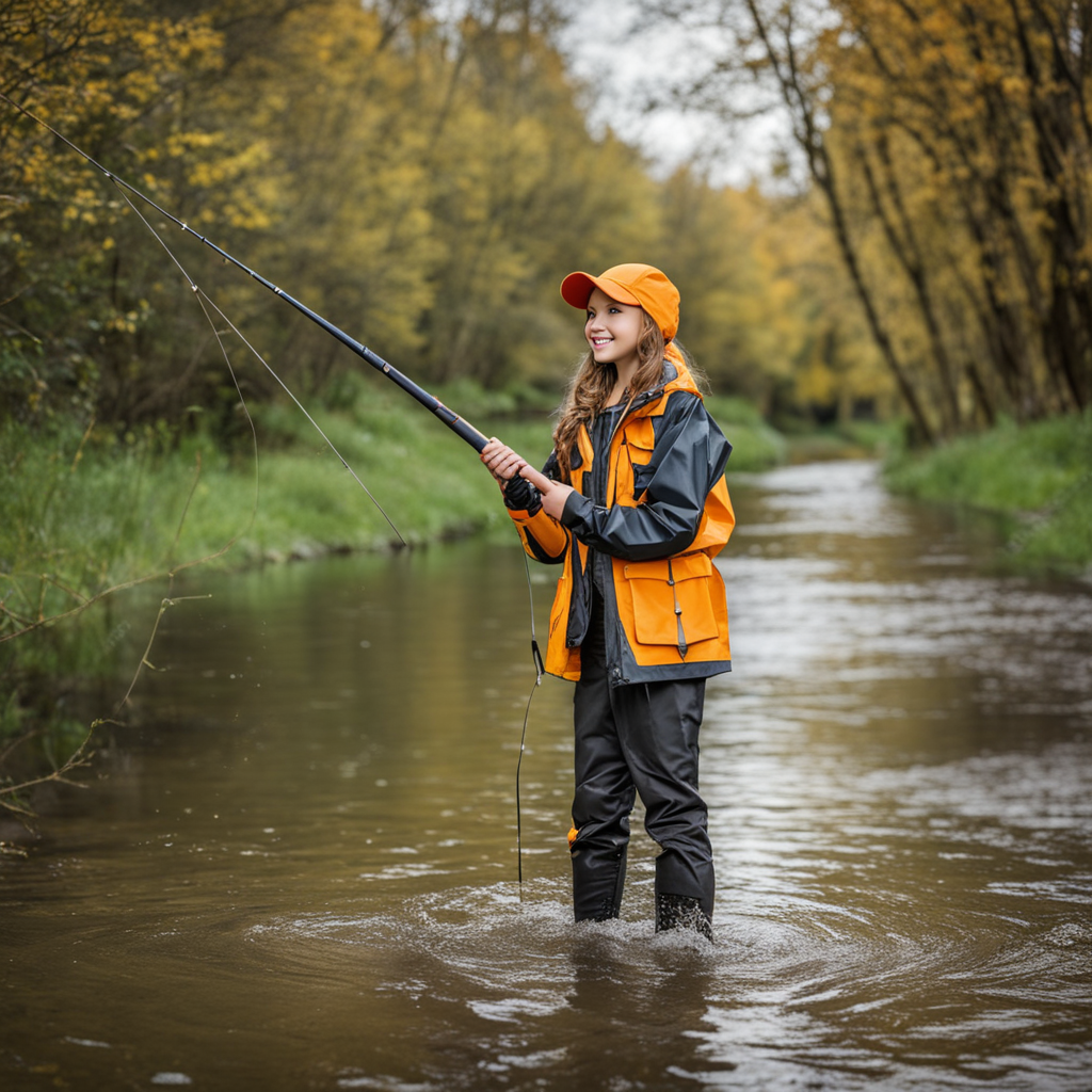 A woman in waders stands in a rushing river with a fly fishing rod