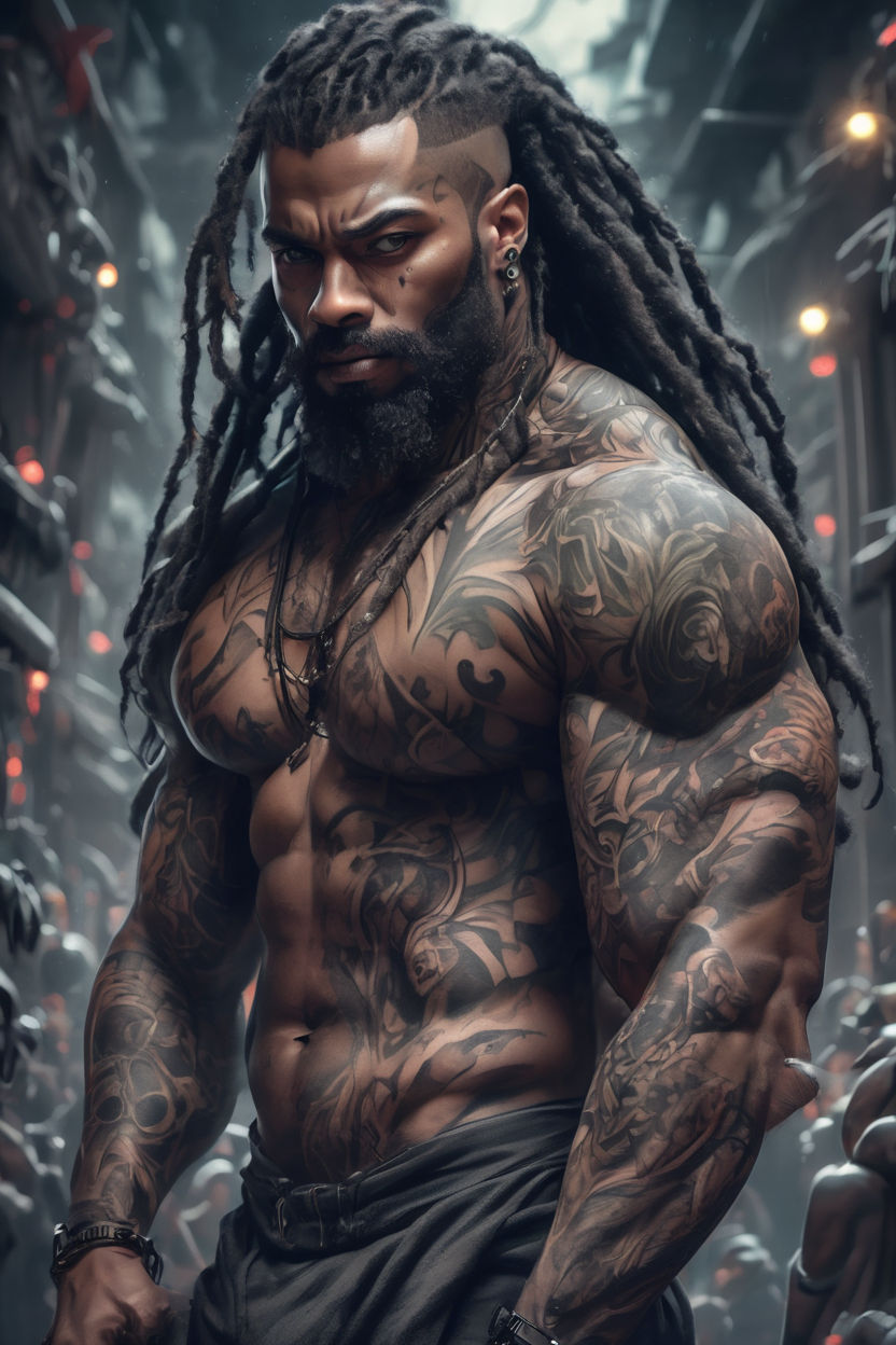 muscular black man with dreadlocks and tribal tattooes