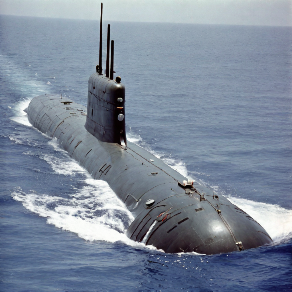 Prompt: Greek Oberon class submarine Helios, April 4, 1982.  It is cruising underwater at flank speed.