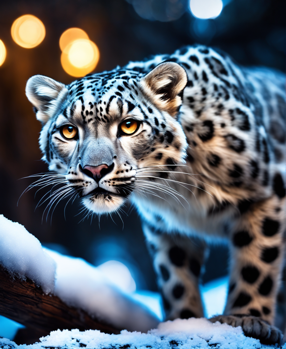 A 4K ultra HD mobile wallpaper depicting a graceful and elusive Snow  Leopard, with its thick fur and piercing blue eyes, perched on a rocky  ledge against the backdrop of a snow-capped