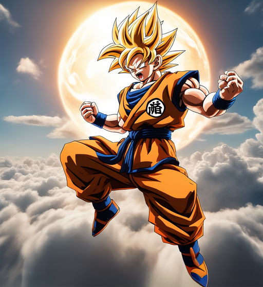 KREA - ''goku super saiyan 5, epic poster, storm in the background, rain,  cinematic shot, digital art, concept art, artstation, cinematographic, 4 k