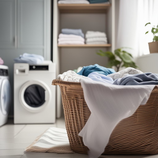 Prompt: open laundry basket containing textiles, a washing machine can be seen in the background, the focus is on the laundry basket.