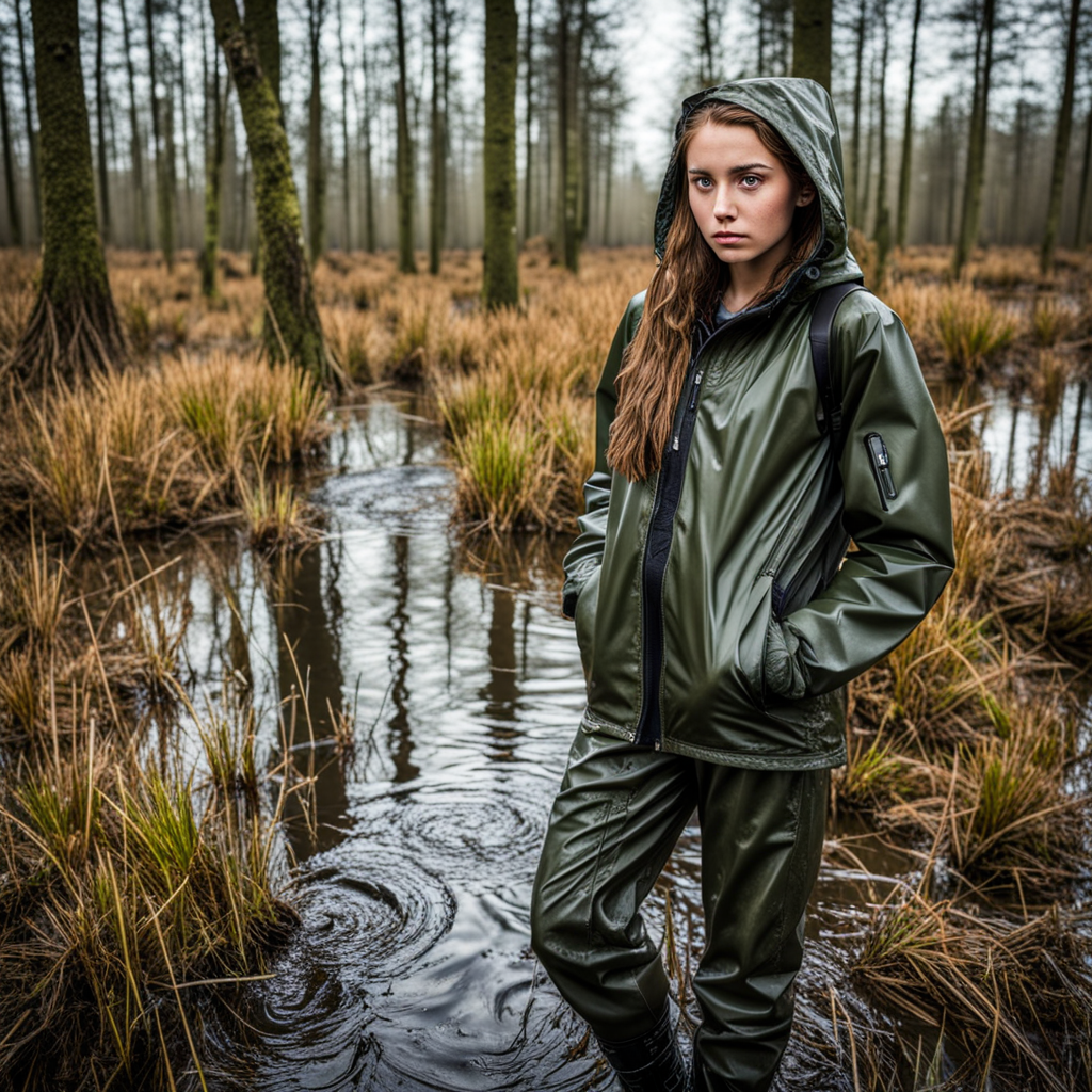 jacket and waterproof trousers and light green wellingtons. She is
