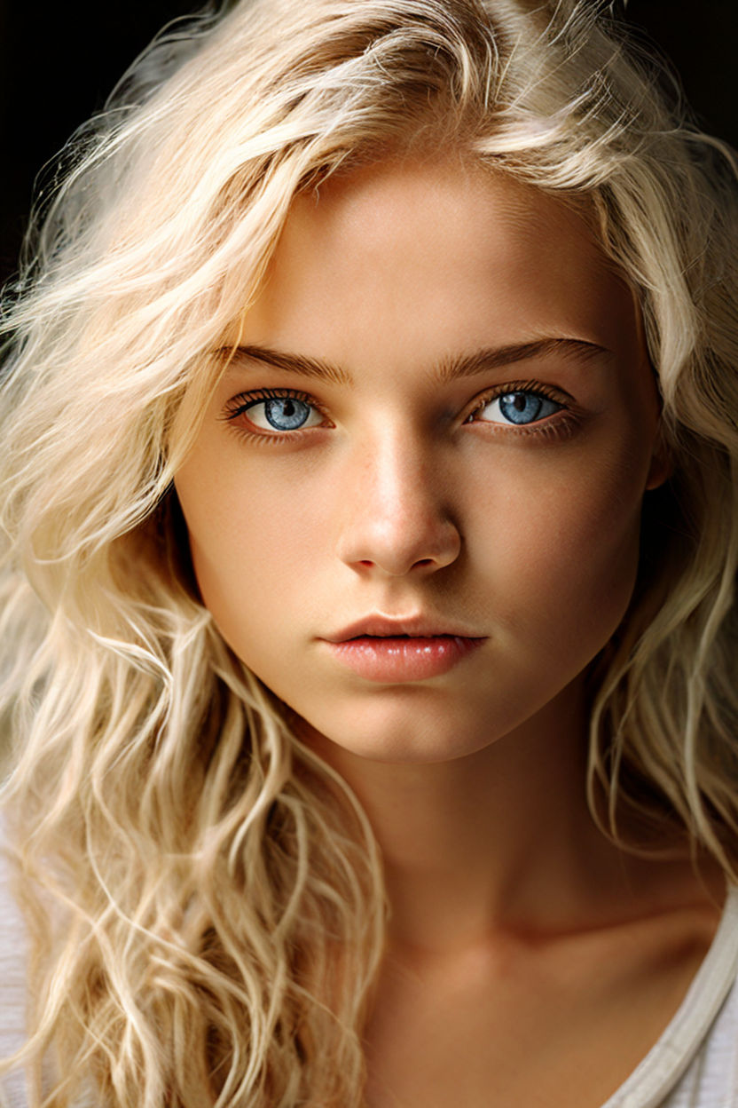 Pretty woman blonde with light blue eyes 18 years old looking into the  camera with head and shoulders showing golden ratio centered