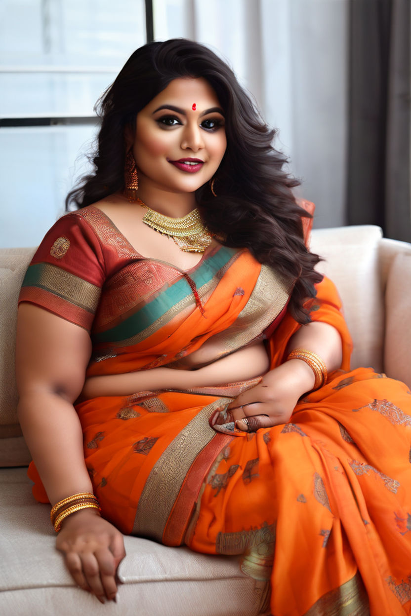 Indian woman in traditional saree with uncovered slightly obese belly