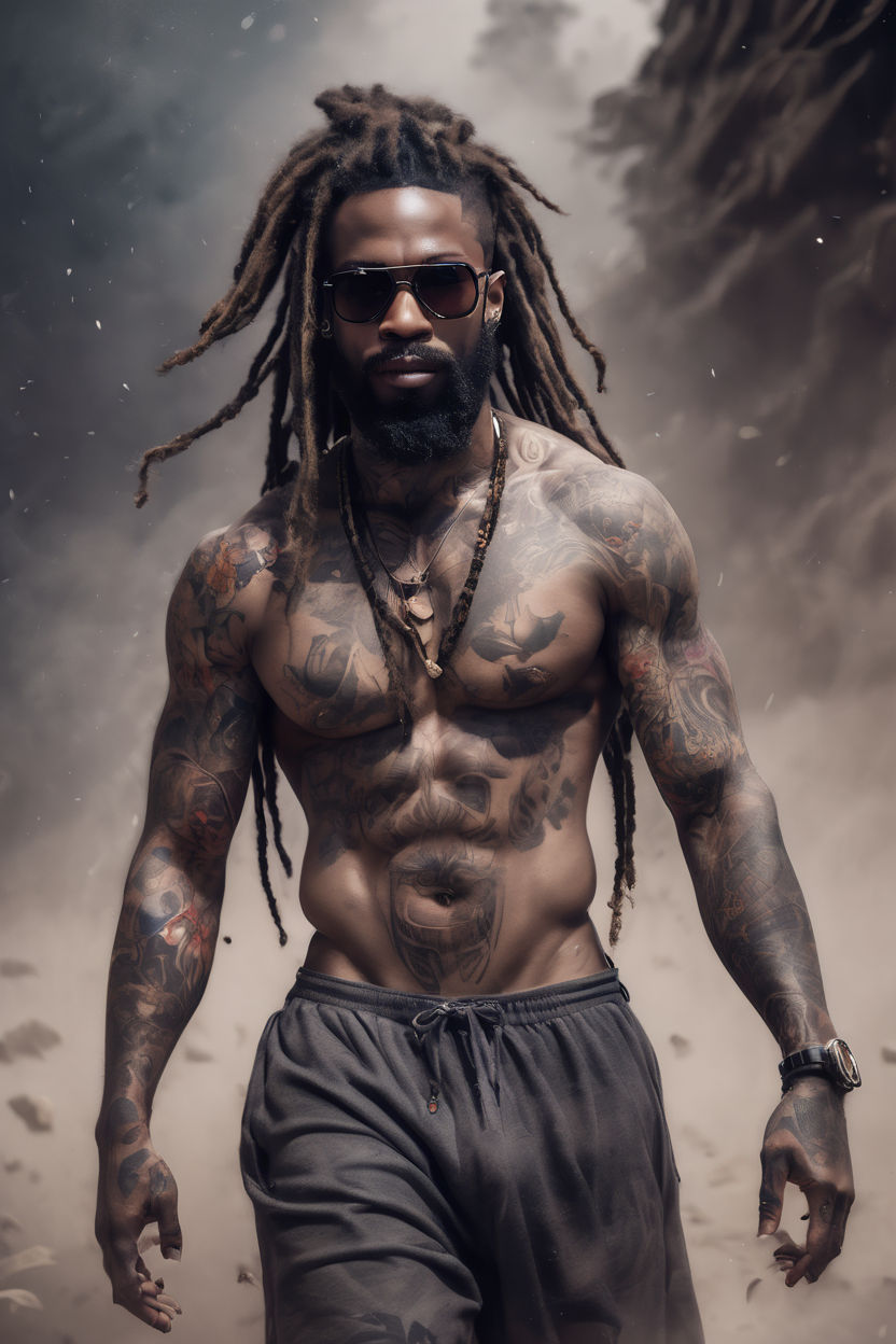 muscular black man with dreadlocks and tribal tattooes