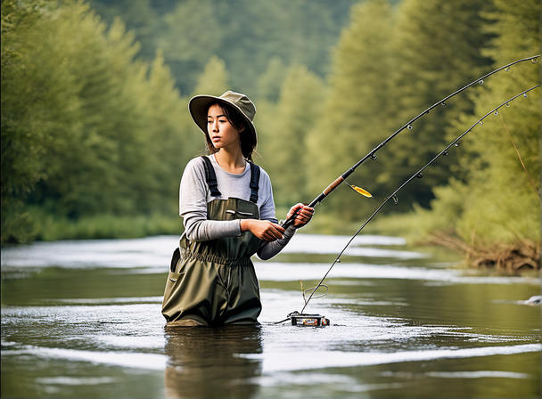 young native american girl hunting fish in a forest stream with bow and  arrow - Playground