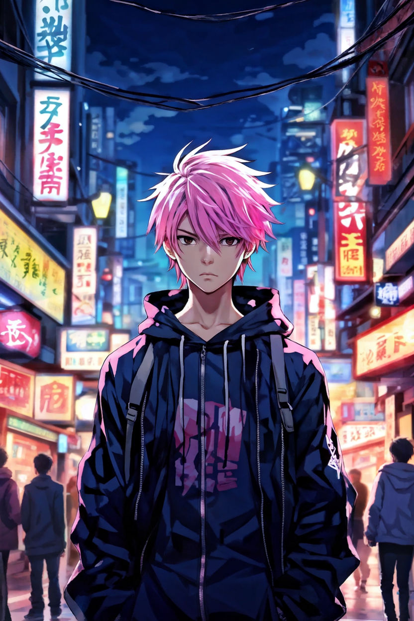 anime boy pink hair black background